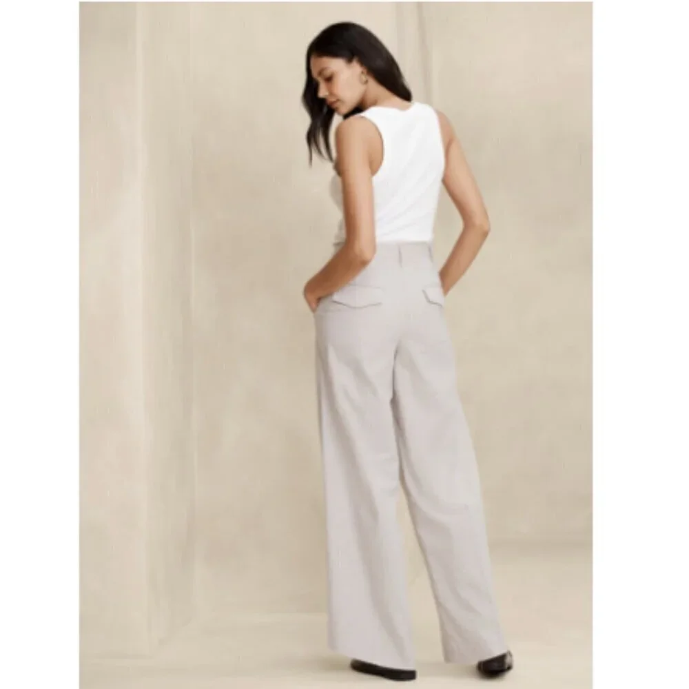 Banana Republic High Rise Pleated Wide Leg Linen Cotton Pants Black Size 14 NWT